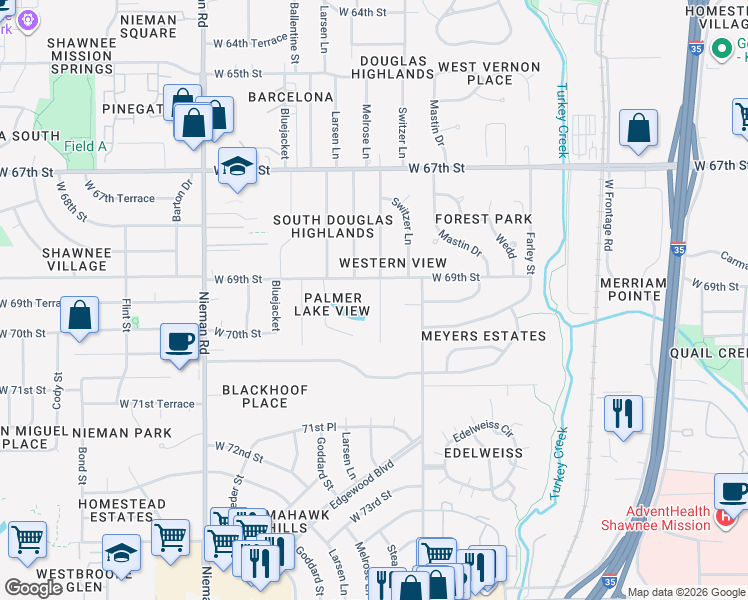 map of restaurants, bars, coffee shops, grocery stores, and more near 6914 Stearns Street in Shawnee
