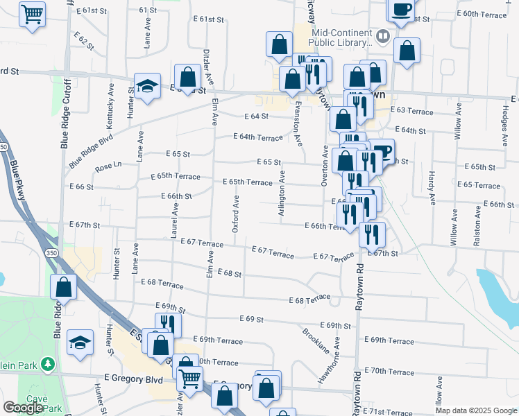 map of restaurants, bars, coffee shops, grocery stores, and more near 9405 East 66th Street in Raytown