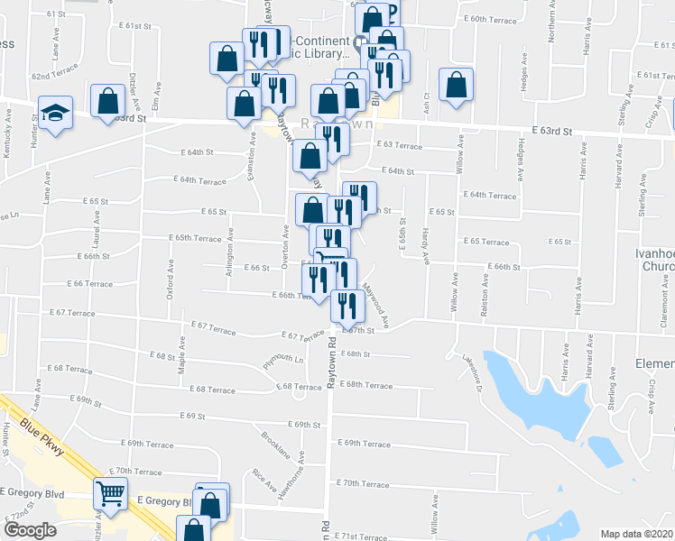 map of restaurants, bars, coffee shops, grocery stores, and more near 10020 East 66 Terrace in Raytown