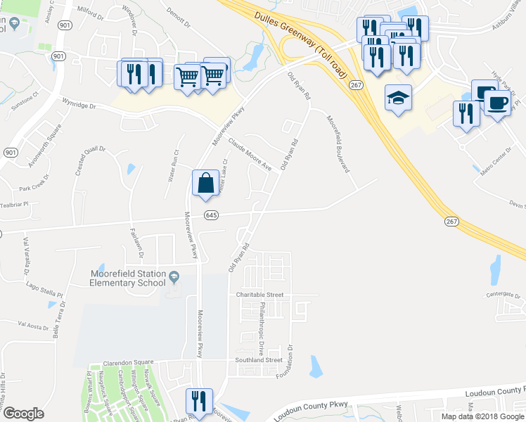 map of restaurants, bars, coffee shops, grocery stores, and more near 43366 Old Ryan Road in Ashburn