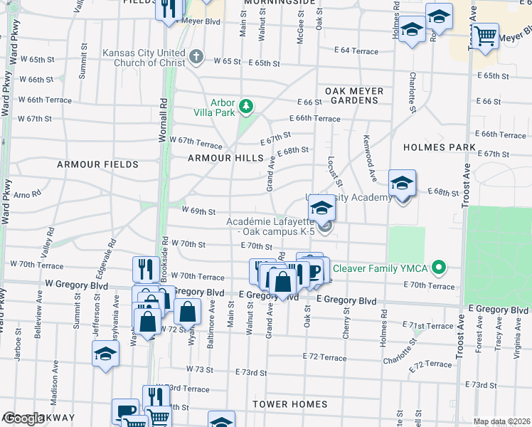 map of restaurants, bars, coffee shops, grocery stores, and more near 115 East 69th Street in Kansas City