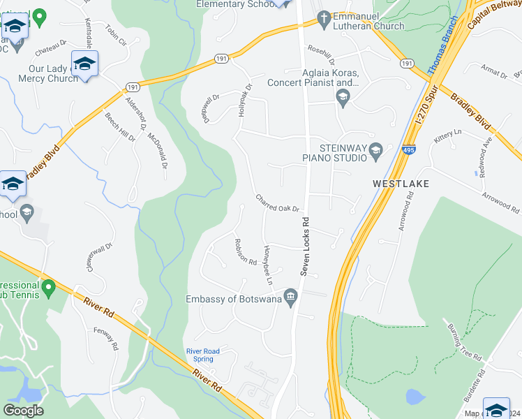 map of restaurants, bars, coffee shops, grocery stores, and more near 9024 Honeybee Lane in Bethesda