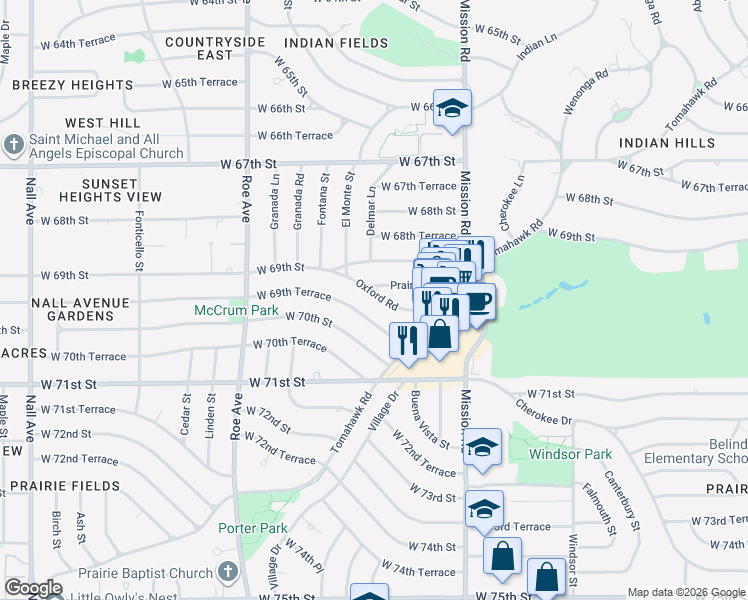 map of restaurants, bars, coffee shops, grocery stores, and more near 4316 West 69th Terrace in Prairie Village