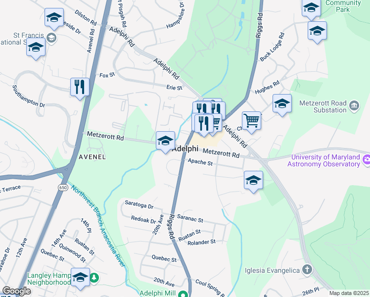 map of restaurants, bars, coffee shops, grocery stores, and more near Riggs Rd & Metzerott Rd in Adelphi