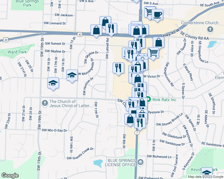 map of restaurants, bars, coffee shops, grocery stores, and more near 925 Southwest Clark Road in Blue Springs