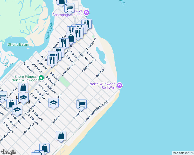 map of restaurants, bars, coffee shops, grocery stores, and more near 404 East 3rd Avenue in Wildwood