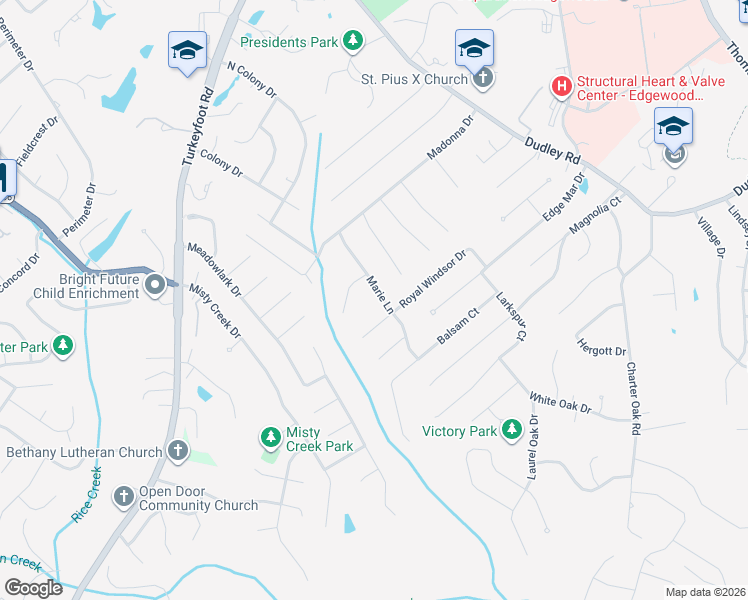 map of restaurants, bars, coffee shops, grocery stores, and more near 3156 Royal Windsor Drive in Edgewood