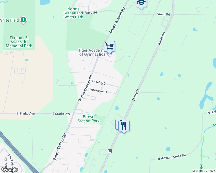 map of restaurants, bars, coffee shops, grocery stores, and more near 3608-3612 Greeley Drive in Columbia