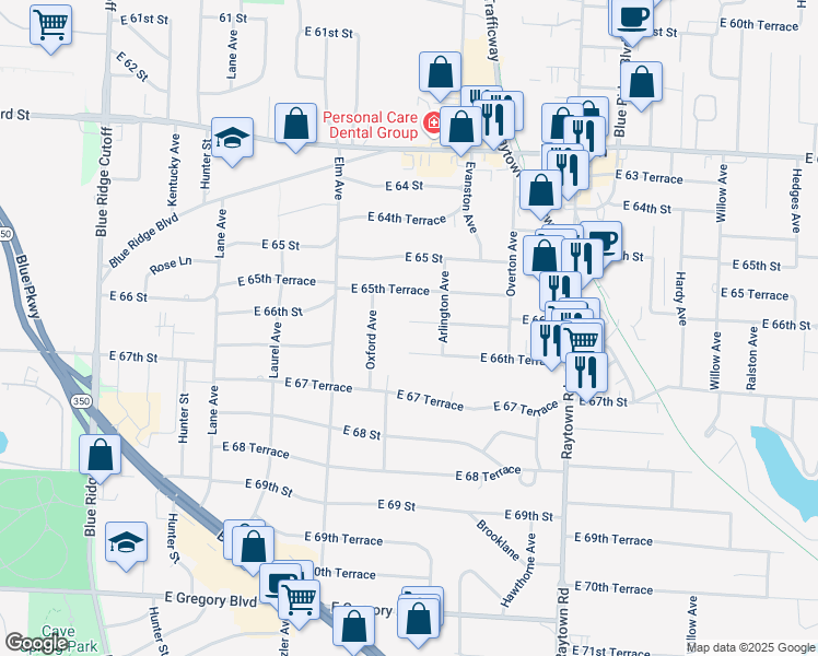 map of restaurants, bars, coffee shops, grocery stores, and more near 9405 East 66th Street in Raytown