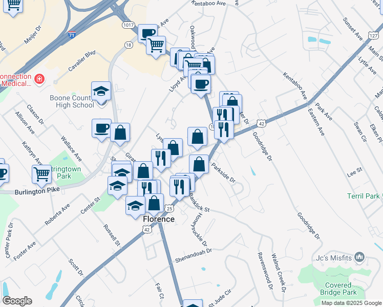 map of restaurants, bars, coffee shops, grocery stores, and more near 221 Main Street in Florence