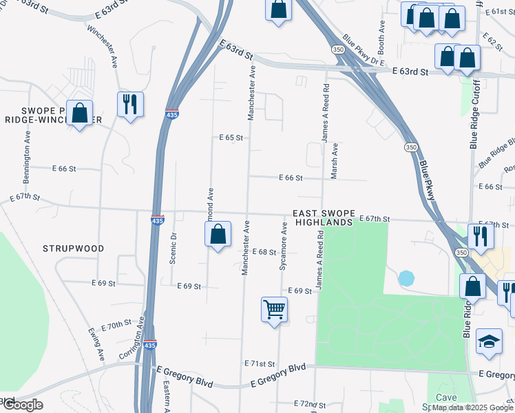 map of restaurants, bars, coffee shops, grocery stores, and more near 7806 East 67th Street in Kansas City