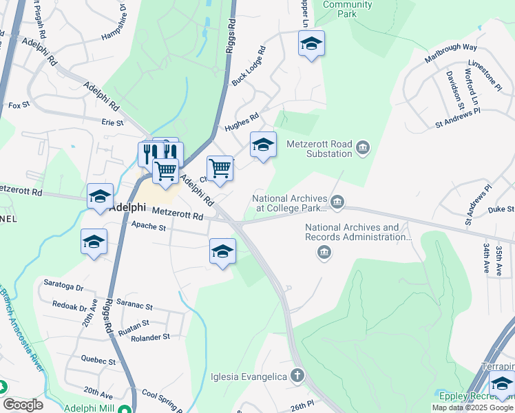 map of restaurants, bars, coffee shops, grocery stores, and more near 2600 Metzerott Road in Adelphi