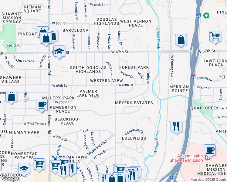 map of restaurants, bars, coffee shops, grocery stores, and more near 10300 West 69th Terrace in Shawnee