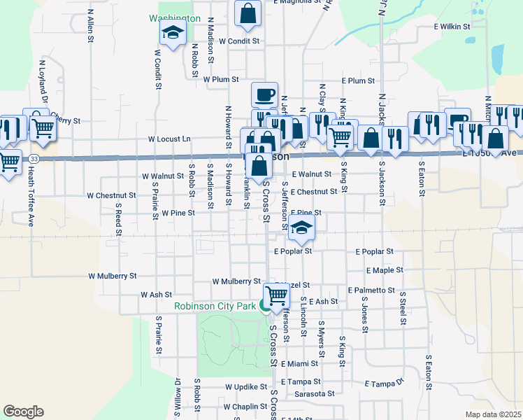map of restaurants, bars, coffee shops, grocery stores, and more near 401 South Cross Street in Robinson