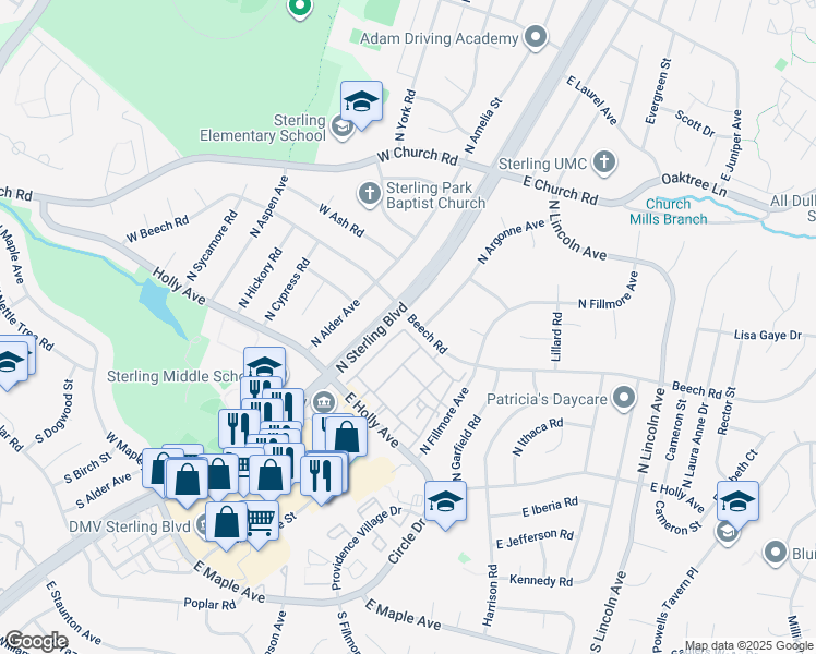 map of restaurants, bars, coffee shops, grocery stores, and more near 110 East Cornell Drive in Sterling