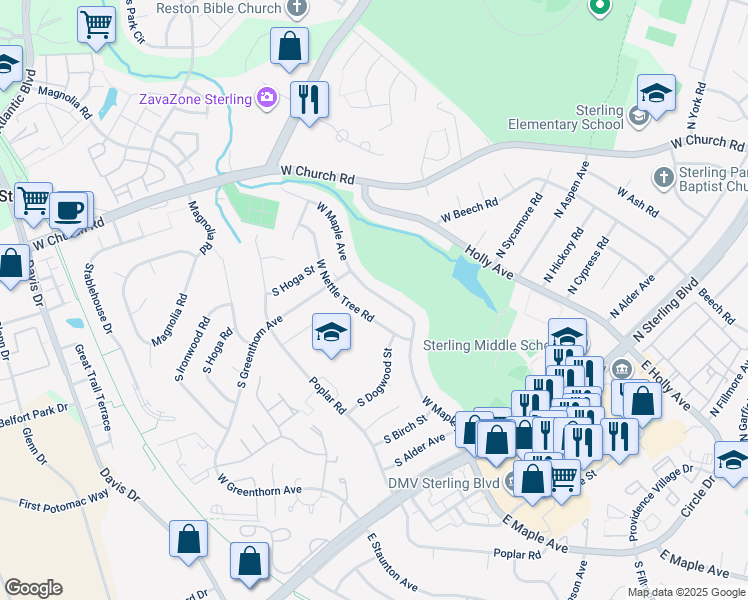map of restaurants, bars, coffee shops, grocery stores, and more near 605 West Maple Avenue in Sterling