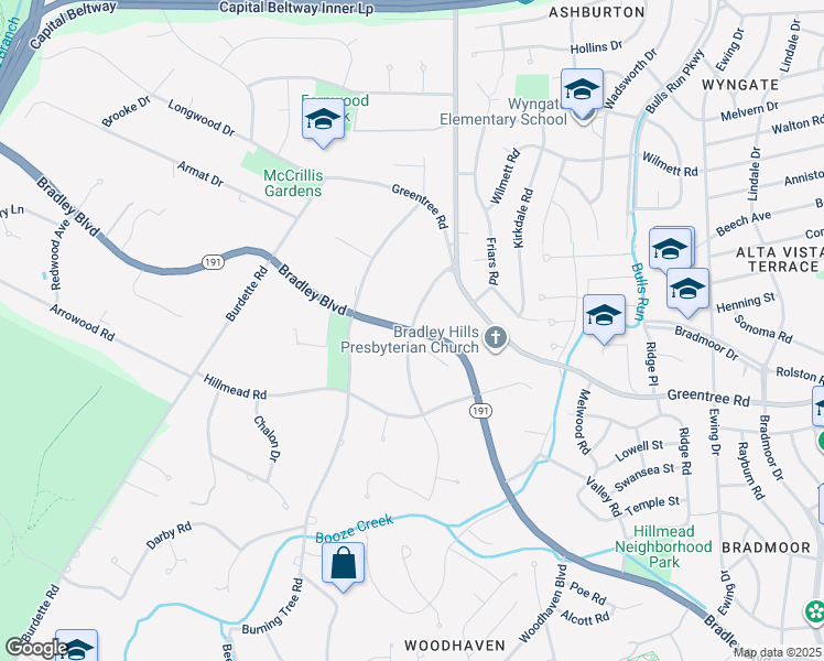 map of restaurants, bars, coffee shops, grocery stores, and more near Bradley Blvd & Fernwood Rd in Bethesda