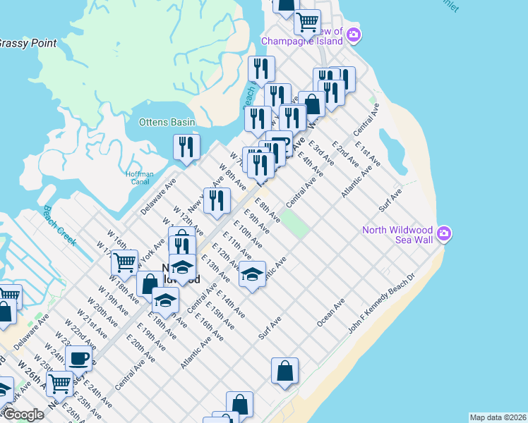 map of restaurants, bars, coffee shops, grocery stores, and more near 124 East 8th Avenue in North Wildwood