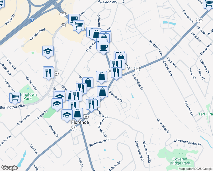 map of restaurants, bars, coffee shops, grocery stores, and more near 6808 Dixie Highway in Florence