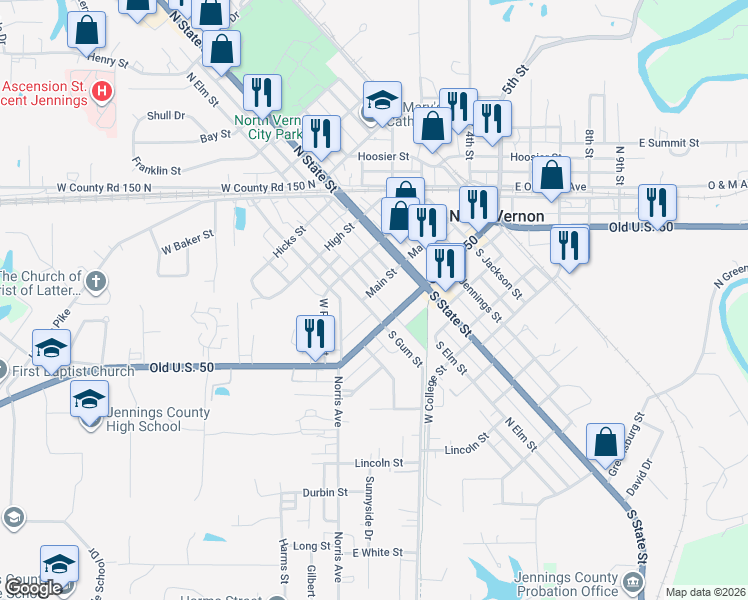 map of restaurants, bars, coffee shops, grocery stores, and more near 18 North Gum Street in North Vernon