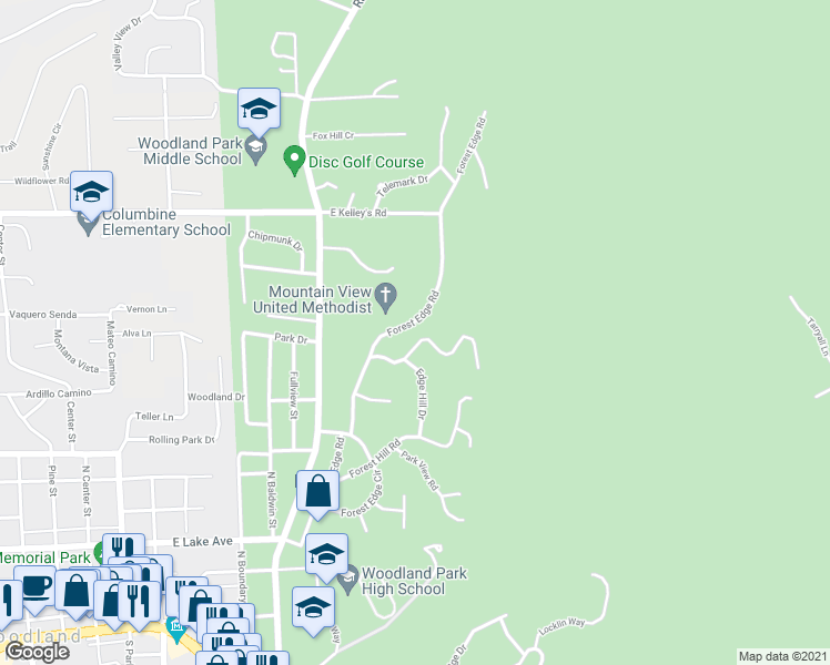 map of restaurants, bars, coffee shops, grocery stores, and more near 1100 Pine Ridge Road in Woodland Park