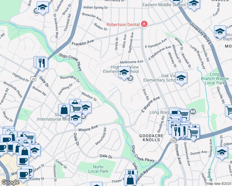 map of restaurants, bars, coffee shops, grocery stores, and more near 102 Schuyler Road in Silver Spring