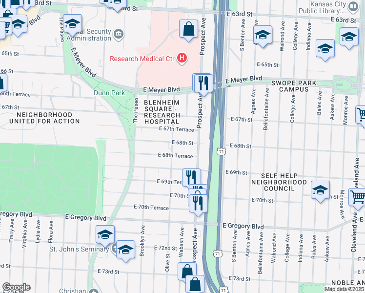 map of restaurants, bars, coffee shops, grocery stores, and more near 2408 East 68th Terrace in Kansas City