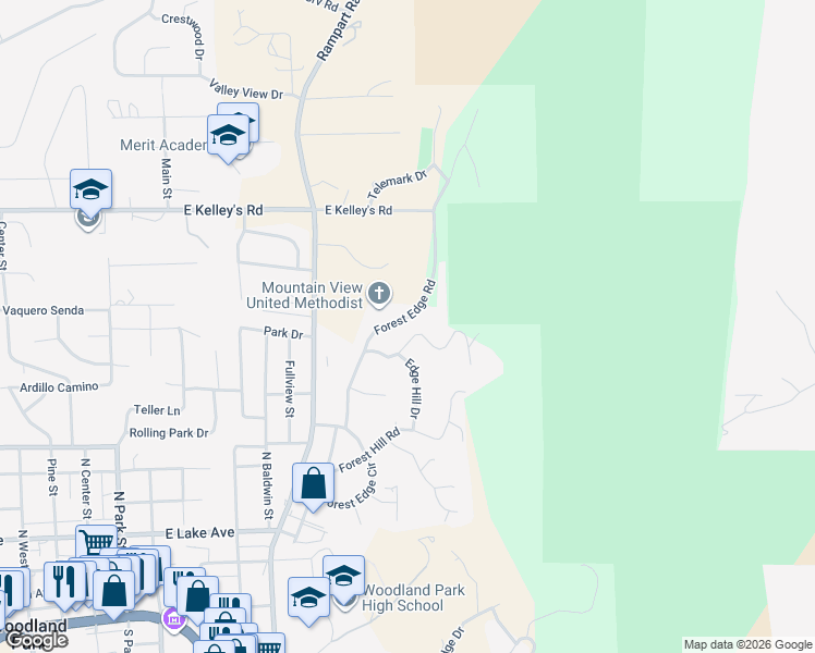map of restaurants, bars, coffee shops, grocery stores, and more near 1096 Pine Ridge Road in Woodland Park