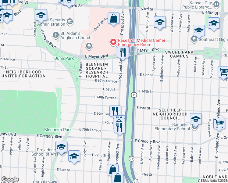 map of restaurants, bars, coffee shops, grocery stores, and more near 6812 Prospect Avenue in Kansas City