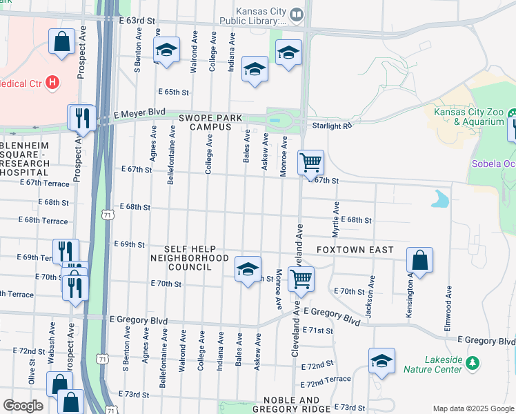 map of restaurants, bars, coffee shops, grocery stores, and more near 6747 Askew Avenue in Kansas City