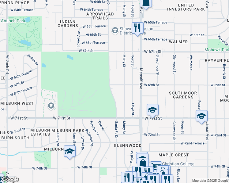map of restaurants, bars, coffee shops, grocery stores, and more near 6925 Santa Fe Drive in Overland Park