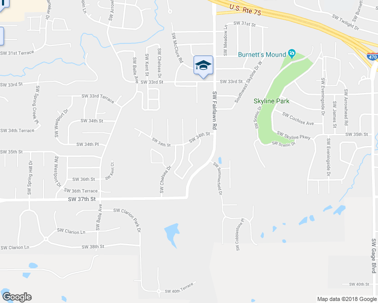 map of restaurants, bars, coffee shops, grocery stores, and more near 5201 Southwest 34th Street in Topeka