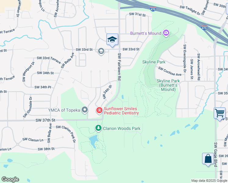map of restaurants, bars, coffee shops, grocery stores, and more near 3501 Southwest Fairlawn Road in Topeka