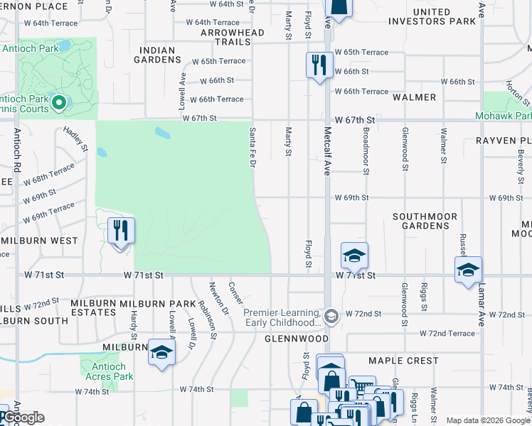 map of restaurants, bars, coffee shops, grocery stores, and more near 6925 Santa Fe Drive in Overland Park