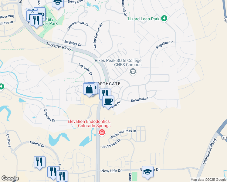 map of restaurants, bars, coffee shops, grocery stores, and more near 1616 Rustlers Roost Drive in Colorado Springs