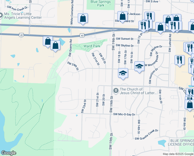 map of restaurants, bars, coffee shops, grocery stores, and more near 1324 Southwest 22nd Street in Blue Springs
