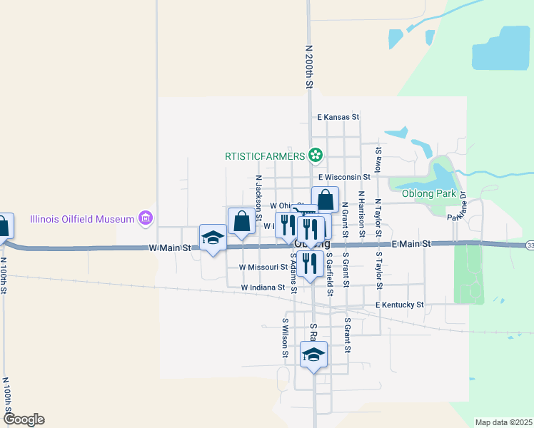 map of restaurants, bars, coffee shops, grocery stores, and more near 201 North Jackson Street in Oblong