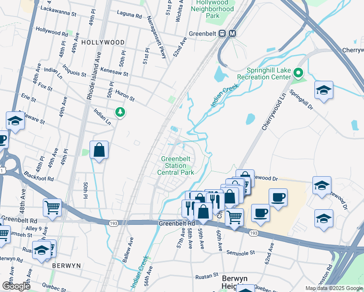 map of restaurants, bars, coffee shops, grocery stores, and more near 5474 Stream Bank Lane in Greenbelt