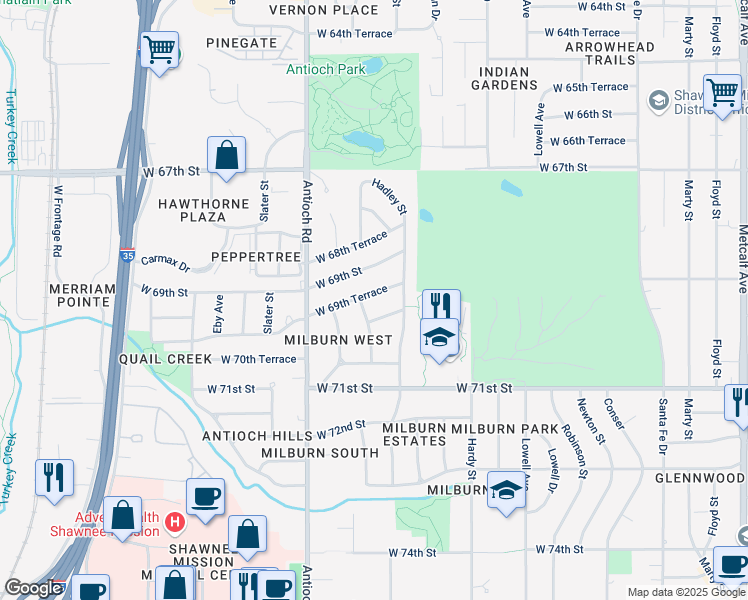 map of restaurants, bars, coffee shops, grocery stores, and more near 8420 West 70th Street in Overland Park