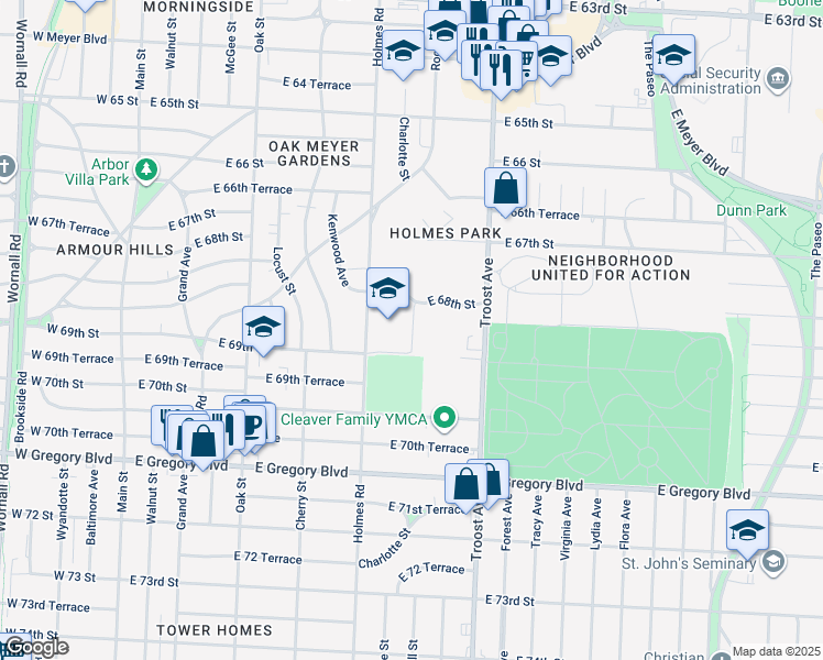 map of restaurants, bars, coffee shops, grocery stores, and more near 6811 Holmes Road in Kansas City