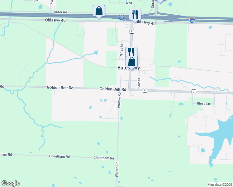map of restaurants, bars, coffee shops, grocery stores, and more near 401 South 1st Street in Bates City