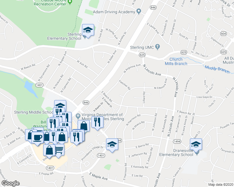 map of restaurants, bars, coffee shops, grocery stores, and more near 203 Summers Court in Sterling