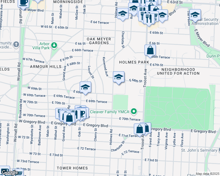 map of restaurants, bars, coffee shops, grocery stores, and more near 6811 Holmes Road in Kansas City