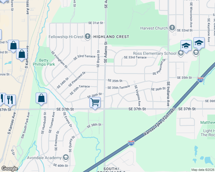 map of restaurants, bars, coffee shops, grocery stores, and more near 602 Southeast 35th Terrace in Topeka