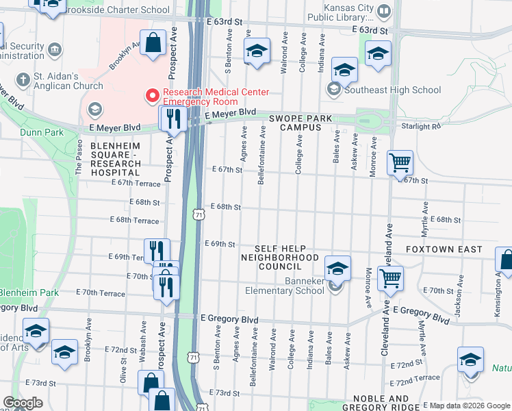 map of restaurants, bars, coffee shops, grocery stores, and more near 3021 East 68th Street in Kansas City