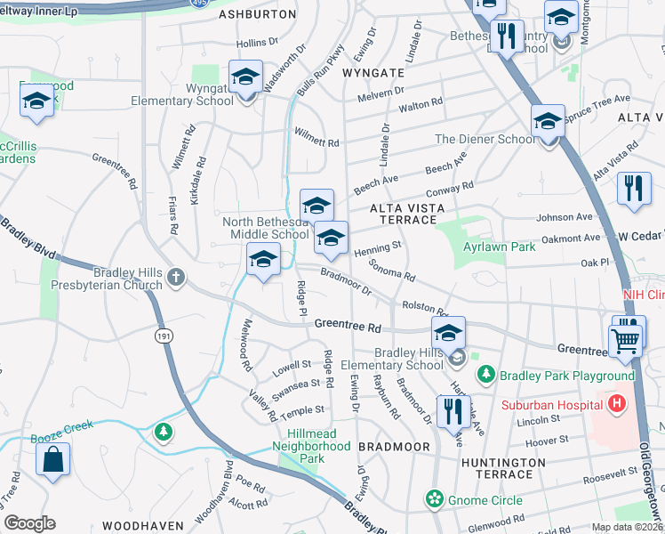 map of restaurants, bars, coffee shops, grocery stores, and more near 8935 Bradmoor Drive in Bethesda