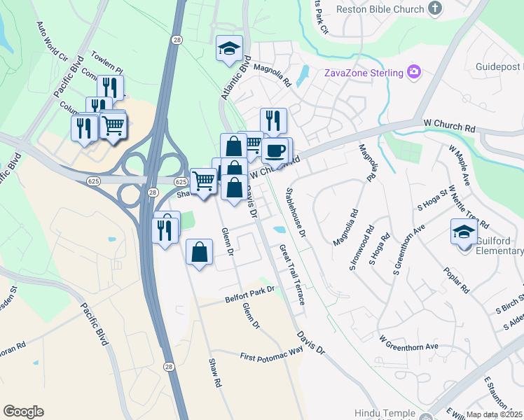 map of restaurants, bars, coffee shops, grocery stores, and more near 45453 Heritage Trail Square in Sterling