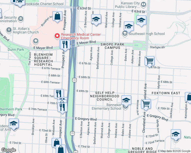 map of restaurants, bars, coffee shops, grocery stores, and more near 3021 East 68th Street in Kansas City