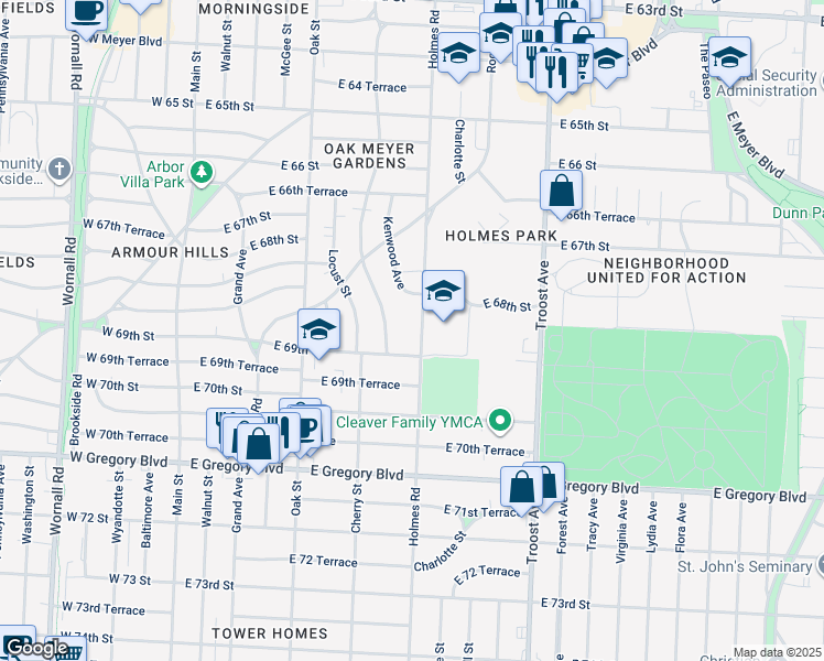map of restaurants, bars, coffee shops, grocery stores, and more near 6811 Holmes Road in Kansas City