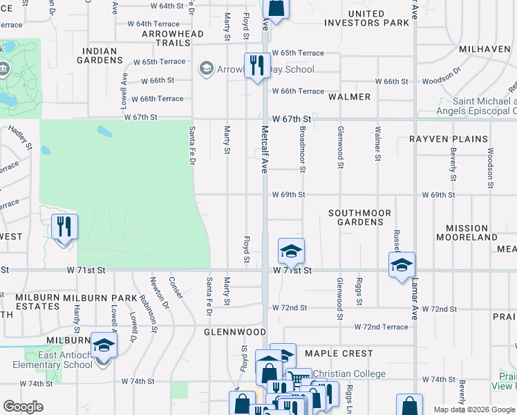 map of restaurants, bars, coffee shops, grocery stores, and more near 6924 Metcalf Avenue in Overland Park
